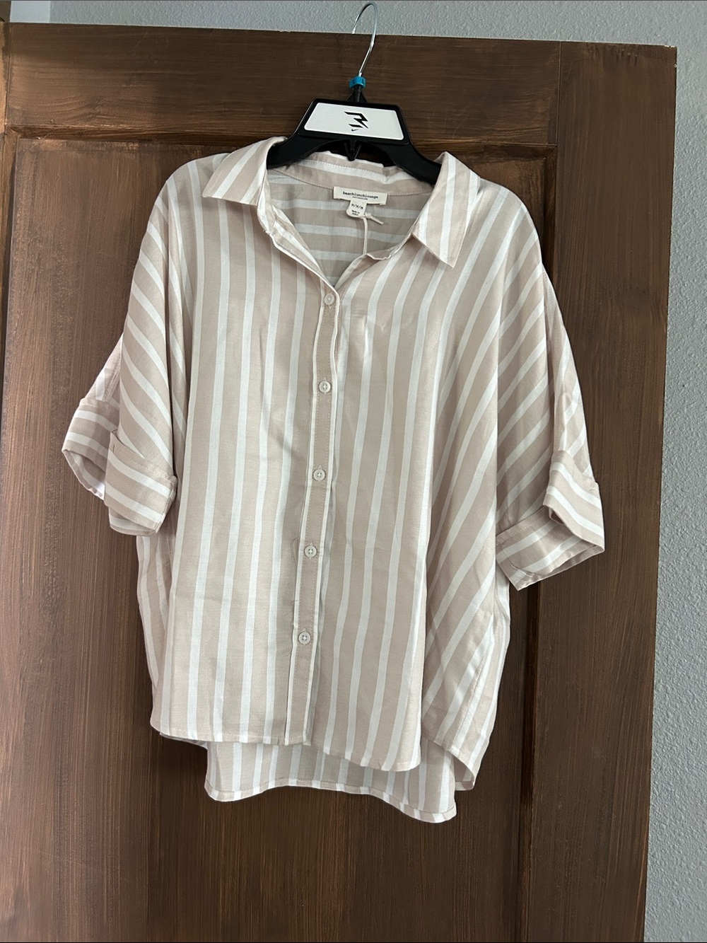 beachlunchlounge Beige and White Striped Button-Down Top